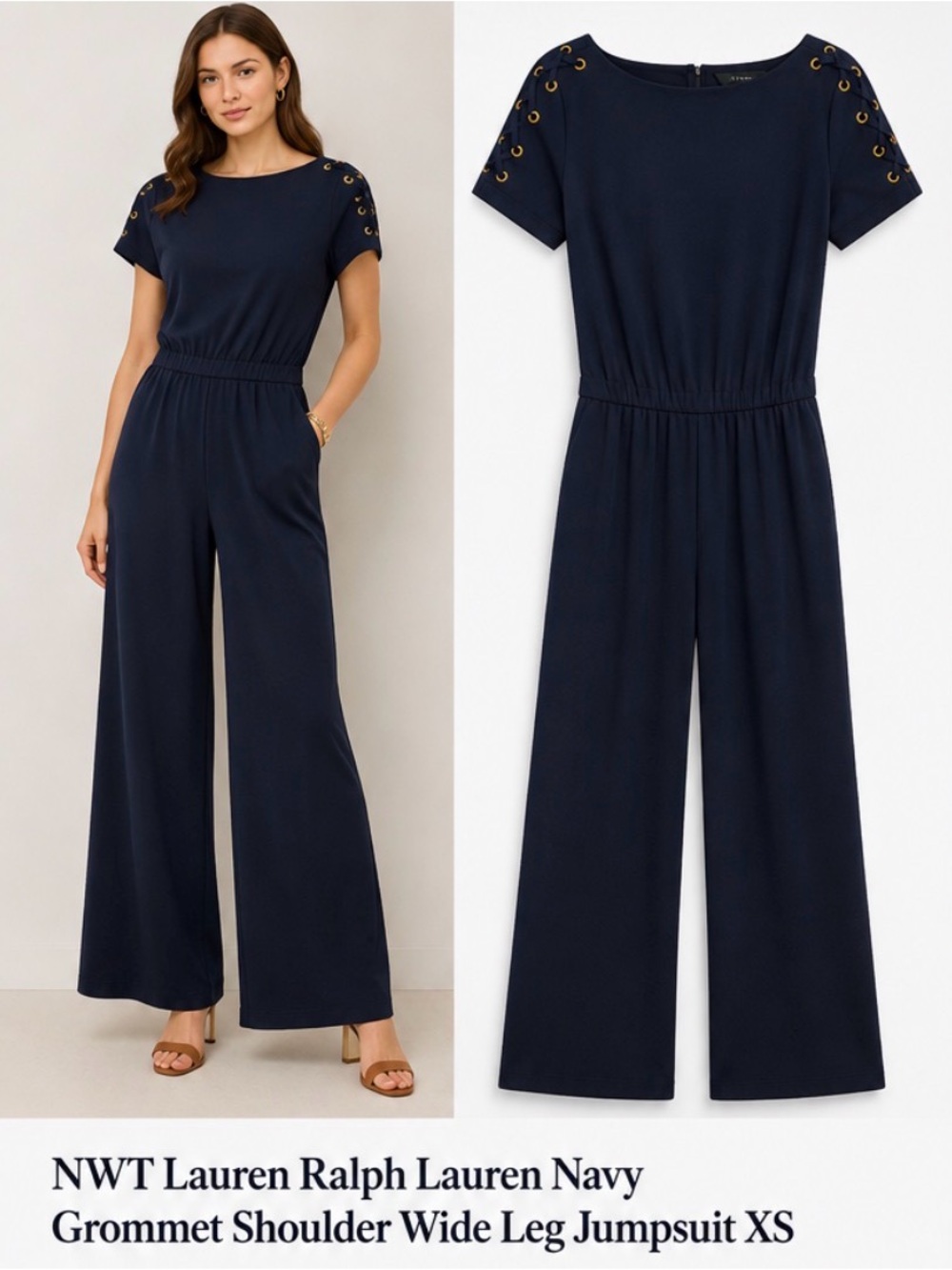 New in Bag Ralph Lauren Navy Gold Grommet-Detail Wide-Leg Jumpsuit XS